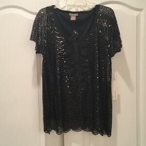 Kenar L sequin flare top ruffle front blk nwt